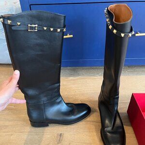 Valentino Rockstud Accents Leather Riding Boots Sz 39
